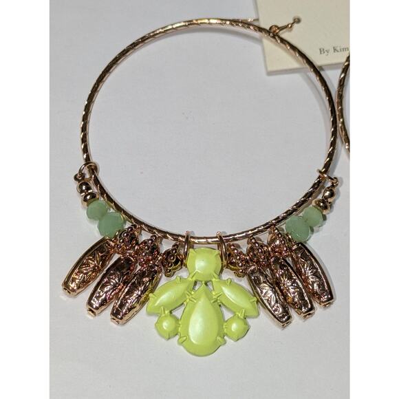 MIA Collection Hoop Earrings Gold Tone Green Beads Neon Yellow Dangle Statement - Picture 5 of 8